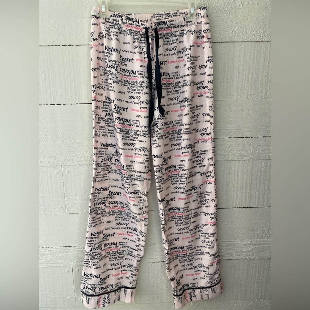 Victoria’s Secret Cozy Flannel Pajama Pant Pink With Black Logo Tie Waist XS